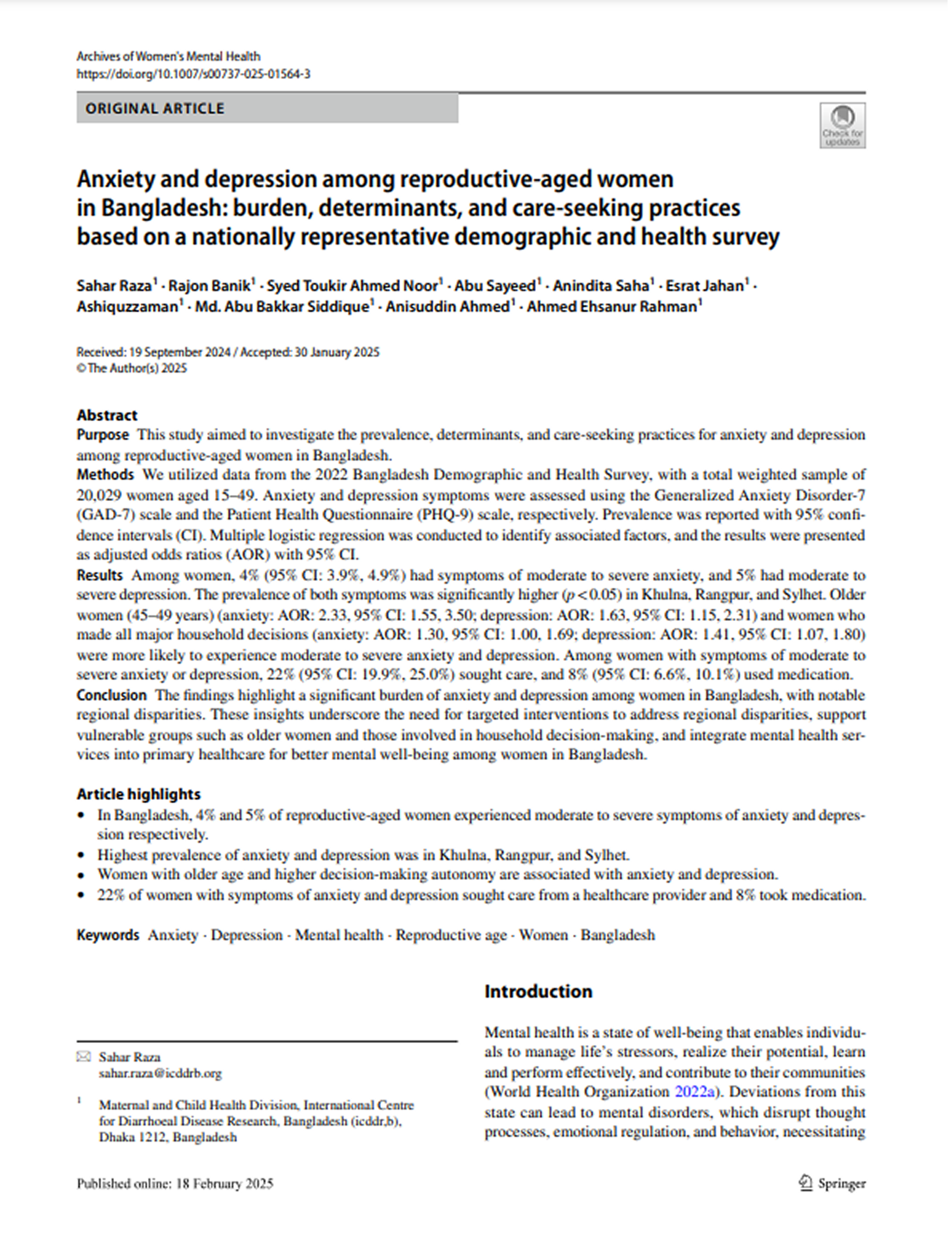 Anxiety and depression among reproductive-aged women in Bangladesh: burden, determinants, and care-seeking practices based on a nationally representative demographic and health survey 