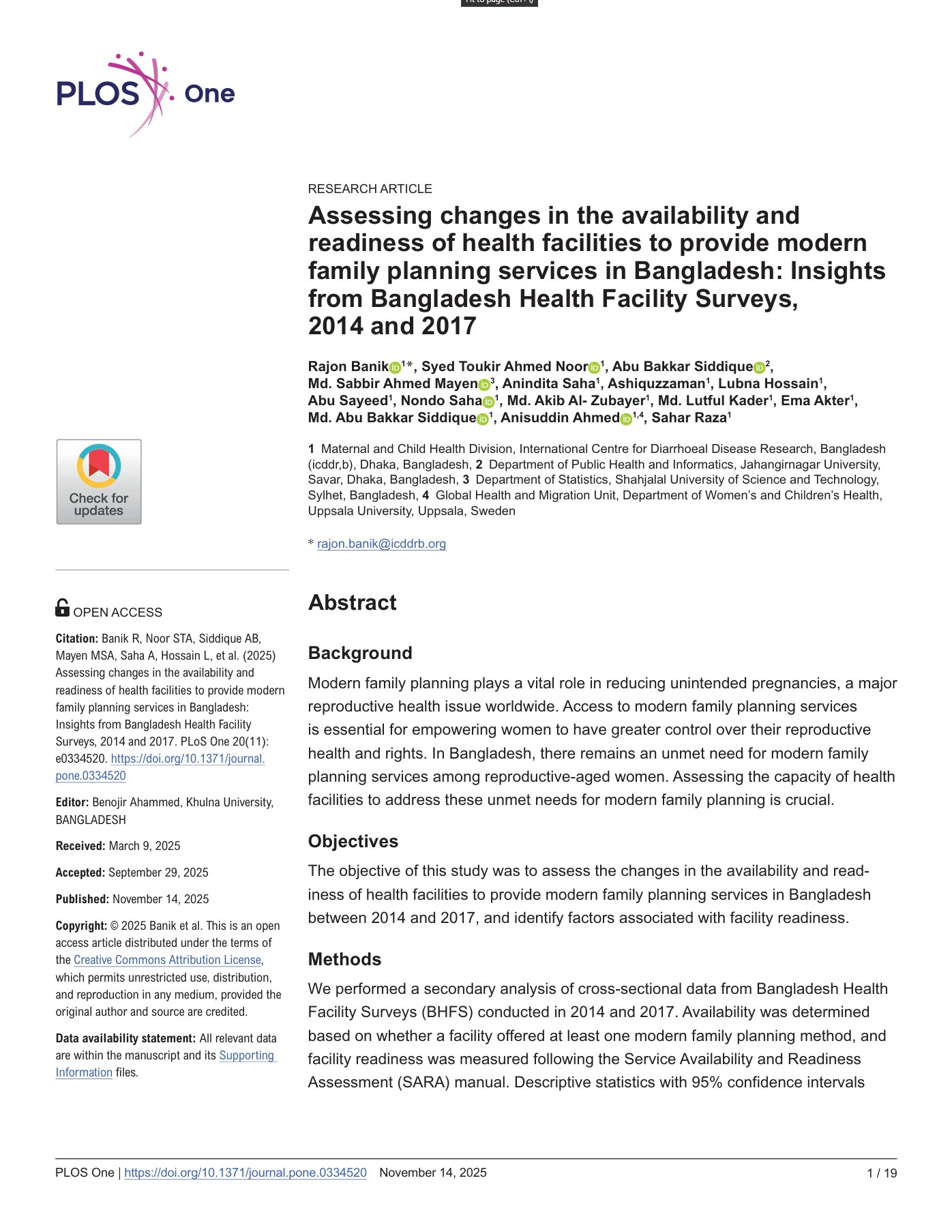 Assessing Changes in the Availability and Readiness of Health Facilities to Provide Modern Family Planning Services in Bangladesh: Insights from Nationally Representative Surveys
