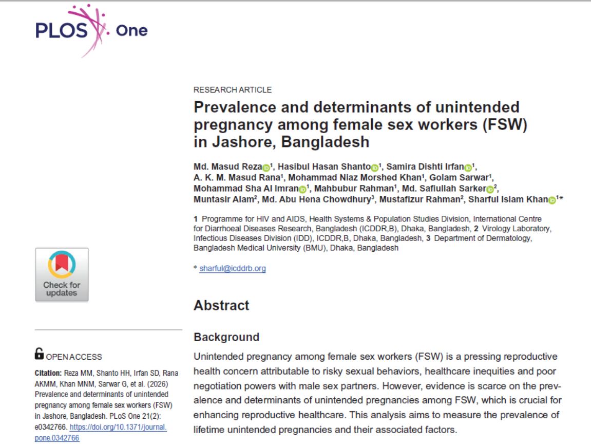 Prevalence and determinants of unintended pregnancy among female sex workers (FSW) in Jashore, Bangladesh