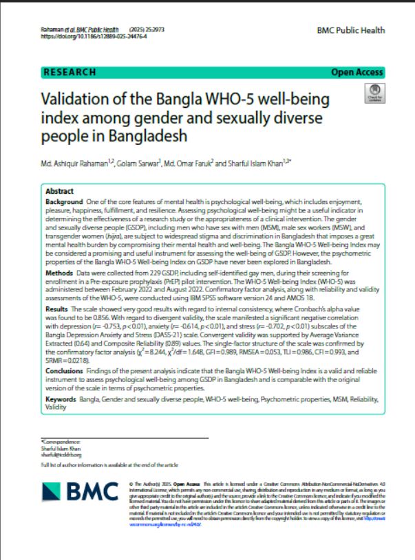 Validation of the Bangla WHO-5 well-being index among gender and sexually diverse people in Bangladesh