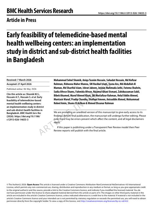Early feasibility of telemedicine-based mental health wellbeing centers: an implementation study in district and sub-district health facilities in Bangladesh