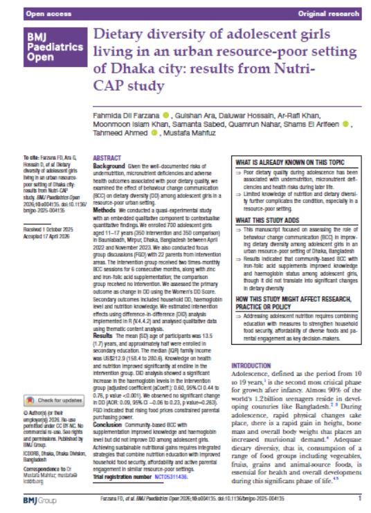 Dietary diversity of adolescent girls living in an urban resource-poor setting of Dhaka city: results from Nutri-CAP study
